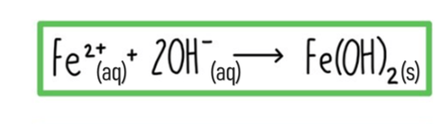 <p>- Pale green solution reacts to form a green precipitate of iron (II) hydroxide, insoluble in excess sodium hydroxide</p><p>- Surface of the solution turns brown as Fe (II) is oxidised to Fe (III)</p>