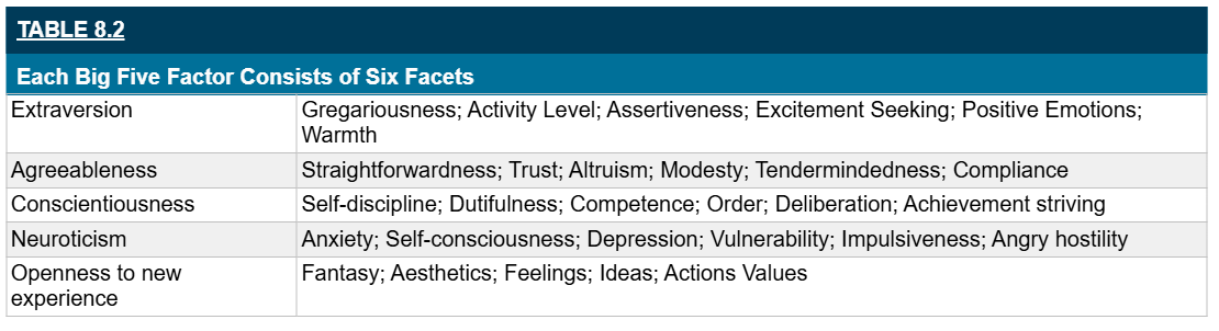 <p>more specific components that make up each of the broad Big Five factors.</p>