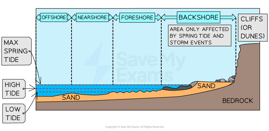 <p>Coastal zones include:</p><ul><li><p>Backshore </p></li><li><p>Foreshore</p></li><li><p>In shore </p></li><li><p>Offshore </p></li><li><p>Nearshore</p></li></ul>