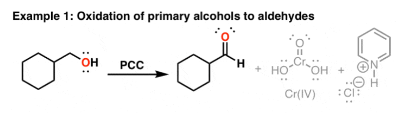 <ul><li><p>Cr(VI) oxidatie</p><ul><li><p>alc + CrO<sub>3</sub> → chromaatester</p></li><li><p>chromaatester + PCC →</p><ul><li><p>aldehyde</p></li><li><p>Cr(IV) → Cr(III)</p></li></ul></li></ul></li></ul><p></p>