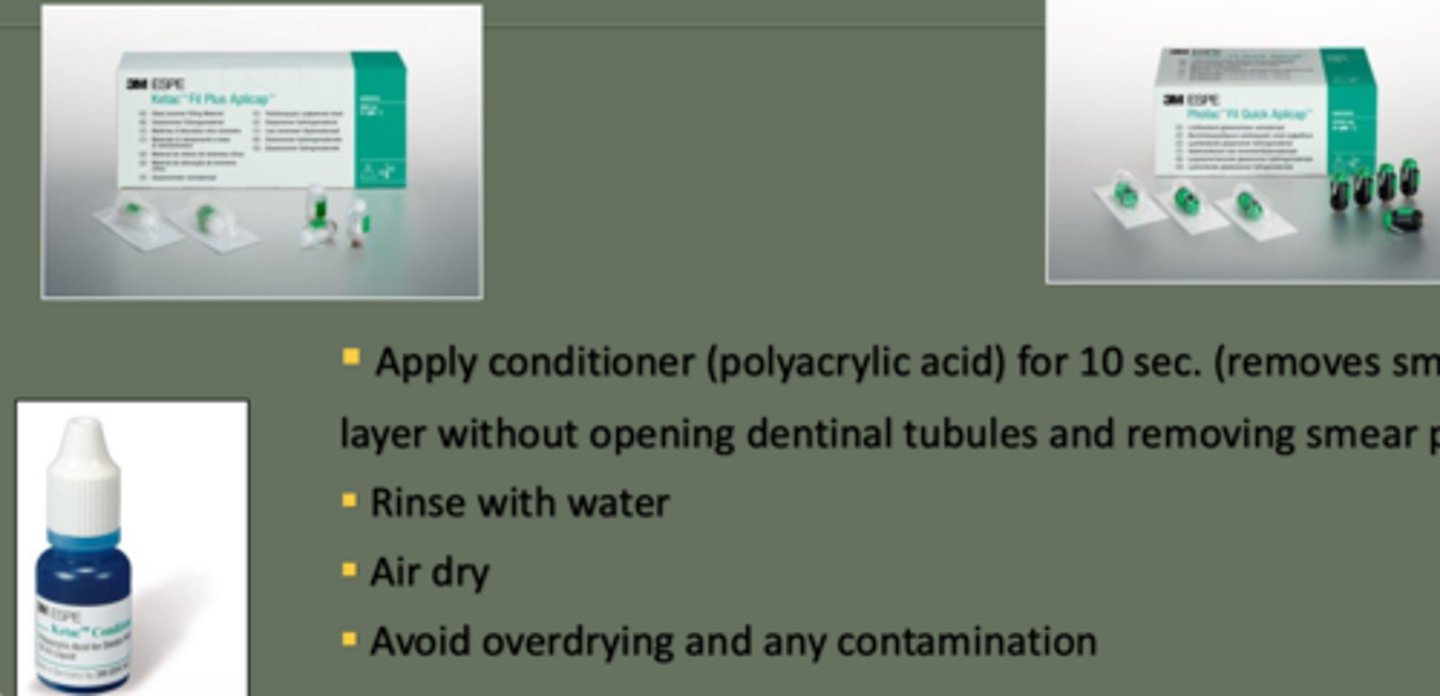 <p>- apply conditioner (polyacrylic acid) for 10 sec.</p><p>- rinse with water</p><p>- air dry</p><p>- avoid overdrying and any contamination</p>