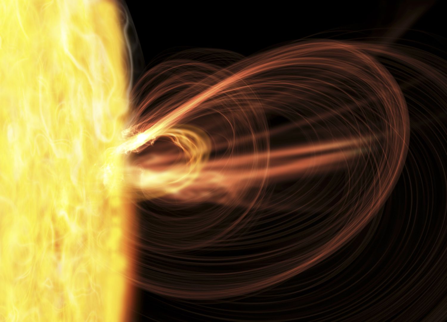 <p>Large explosions triggered by the sun's magnetic fields</p>