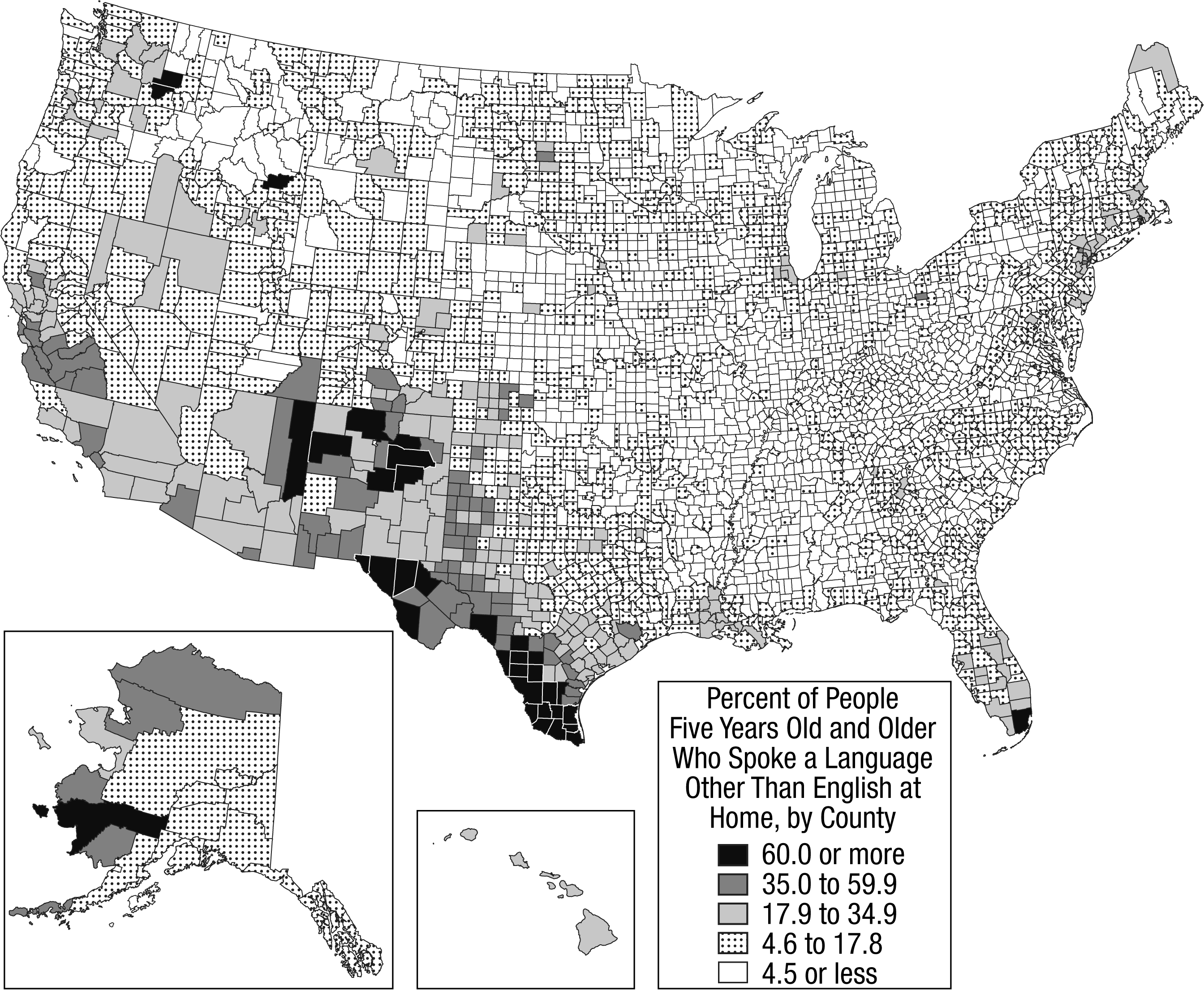 <p>Based on the map, which of the following languages are most likely to be spoken in counties where 60 percent or more of residents spoke a language other than English at home?</p>