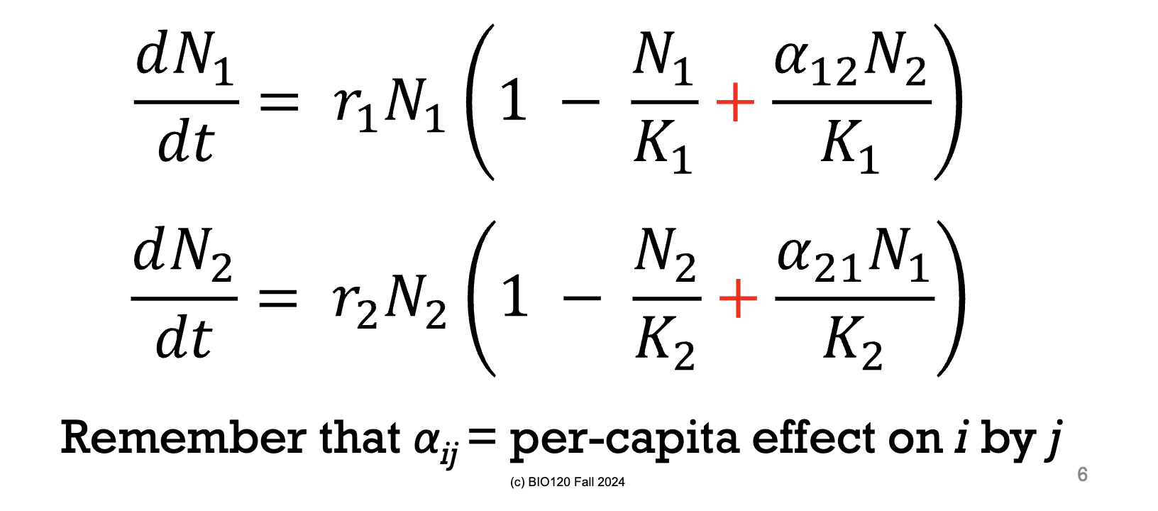 <p>If both populations reach their carrying capacity the term </p><p>N<sub>1</sub>/K<sub>1 </sub>= 1</p><p>Therefore, the first part of the term becomes 1-1 = 0, meaning that the term in the brackets becomes positive and the population can <strong>grow</strong> <strong>beyond</strong> its <strong>carrying capacity. </strong></p><p>Hence, the growth rate of species 1 will increase as the population of species 2 increases. The increase in the species 1 population will then increase the growth rate of species 2. This will go on and on. </p><p>Both species will grow beyond its carrying capacity with no limits (faster than exponential growth). </p><p><em>THIS IS UNREALISTIC.</em></p>