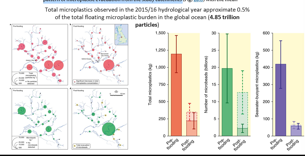<p>Rivers:</p><ul><li><p>contamination of riverbeds significantly reduced by catchment-wide flooding</p></li><li><p>there are multiple urban contamination hotspots with a max microplastic concentration of ~517,000 particlesm-²</p></li><li><p>the concentration of microplastics in river bed sediments of the Mersey catchment is higher than in any other environment</p></li><li><p>the post-flooding microplastic dataset reveals a striking pattern of microplastic evacuation from study catchments</p></li></ul><p></p>