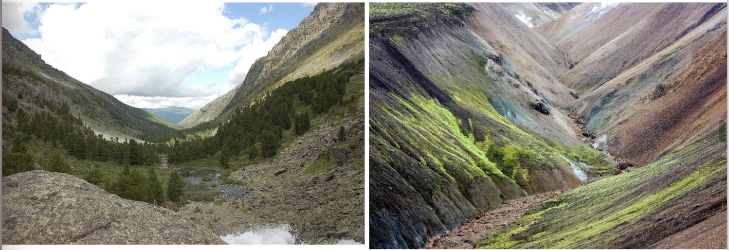 <p>rivers form v-shaped valleys, or gorges or canyons</p><p>glaciers create U-shaped valleys</p>
