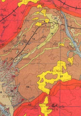 <p>El material geológico condiciona el tipo de relieve y paisaje, delimitando distintos ambientes sobre los que se desarrollan determinados tipos de vegetación, suelos o ecosistemas.</p><p style="text-align: justify">Nos da información sobre:</p><ul><li><p style="text-align: justify"><strong>Litología</strong>: diferentes tipos de rocas e incluye términos geomorfológicos (abanicos aluviales, terrazas..)</p></li><li><p style="text-align: justify"><strong>Geocronología</strong>: Edad de las litologías descritas mediante escala geológica.</p></li><li><p style="text-align: justify"><strong>Signos convencionales específicos</strong>: aspectos estructurales estratigráficos (fallas, buzamientos..)</p></li><li><p style="text-align: justify"><strong>Cortes geológicos y columnas estratigráficas</strong>: relaciones estratigráficas y la distribución en profundidad de las distintas litologías y unidades que aparecen en el mapa.</p></li></ul><p></p>