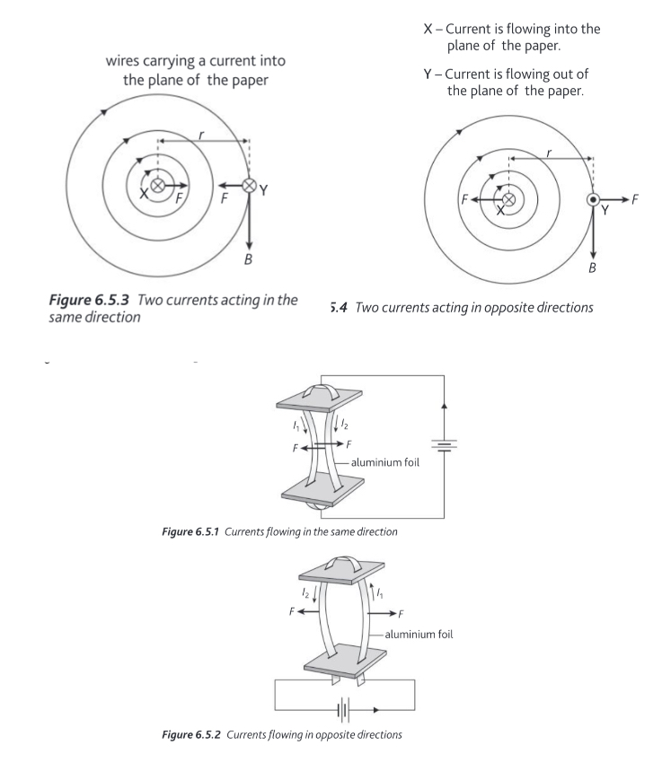 <p><span>Two parallel current-carrying conductors exert a force on each other. If the currents are in the same direction, the force is attractive. If the currents are in opposite directions, the force is repulsive.</span></p>