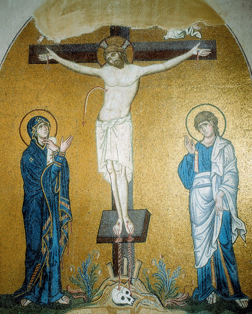 <ul><li><p><span style="background-color: transparent;"><span>Mosaic&nbsp;</span></span></p></li><li><p><span style="background-color: transparent;"><span>Mary is wearing blue on the left</span></span></p></li><li><p><span style="background-color: transparent;"><span>And john evangelist on the right (crying)</span></span></p></li><li><p><span style="background-color: transparent;"><span>Stylized; plants, blood+water, no nipples&nbsp;</span></span></p></li><li><p><span style="background-color: transparent;"><span>Skull means death&nbsp;</span></span></p></li></ul><p></p>