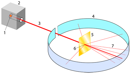 <p>rutherford shot alpha particles at a thin sheet of foil</p><p>conclusions: </p><ul><li><p>most of the alpha particles passed straight through the foil = the atom is mostly open space</p></li><li><p>some of the alpha particles were deflected at large angles, and some were reflected = the atom contains a small, heavy, positive central nucleus.</p></li></ul><p></p>