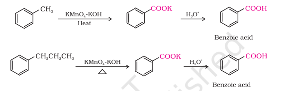 <ul><li><p>The entire side chain is oxidised to the carboxyl group irrespective of length of the side chain</p></li><li><p>Primary and secondary alkyl groups are oxidised in this manner while tertiary group is not affected.</p></li></ul>