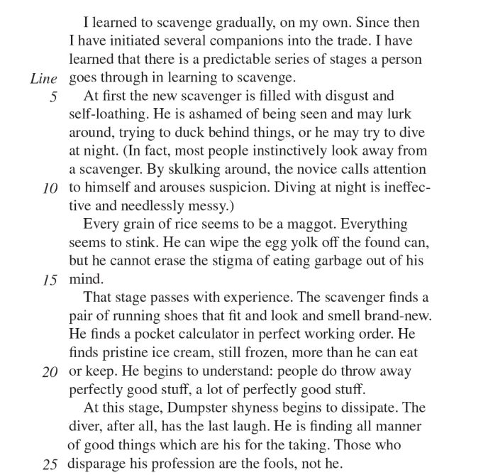 <p>- Although content is ordered chronologically, author adds explanatory examples + personal commentary to liven up the segment.</p><p>- In this example, author is outlining the psychological progression of a homeless scavenger based on his personal experience and exposing the excesses of a consumerist culture.</p>