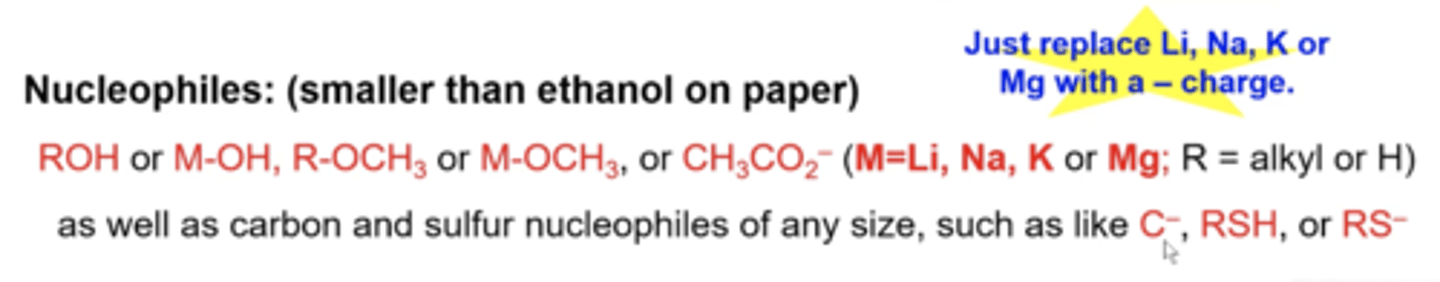 <p>although acetate (CH3CO2-) looks larger than ethanol, it will be a nucleophile to do S reactions</p>
