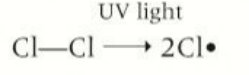 <p>Cl2 absorbs energy from uv that breaks the covalent bond </p>