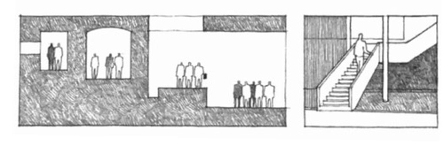 <p>Corridors, halls, galleries, stairways and rooms.</p>