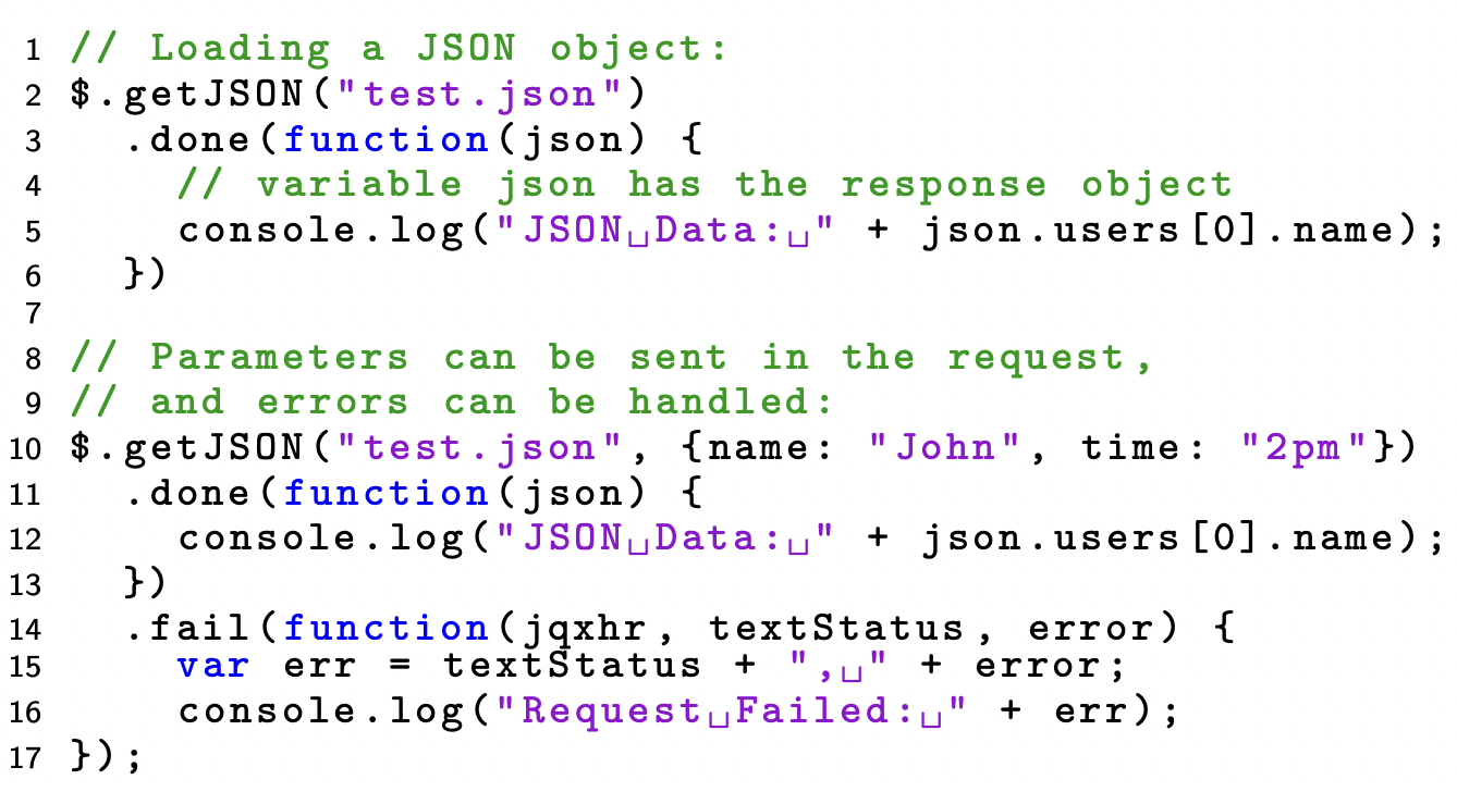 <ul><li><p>it can be used to load a JSON object</p><ul><li><p>later functions defined can use the JSON variable </p></li></ul></li><li><p>parameters can be sent in the request for matching</p></li><li><p>error functions can be customized with the .fail() function</p></li></ul>