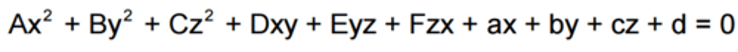<p>, F(x) = x^T S x for real symmetric S and real x</p><p>F(x) = x′T Λ x′ = ∑=λₙxₙ² where Λ is the diagonalized S (all cross terms vanish. eg 2x²+3y²+z² = C is an ellipsoid).</p><p>we get an equation like in the photo and this can be:</p><p>Ellipsoid, Hyperboloids (sand-clock, attached or detached), Paraboloids, Elliptical conical surfaces, planes, cylinders.</p>