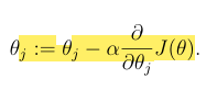 <p>This update is simultaneously performed for all values of j. (0 - d)</p><p>alpha is the learning rate</p><p>It repeatedly takes a step in the direction of steepest decrease of J.</p>
