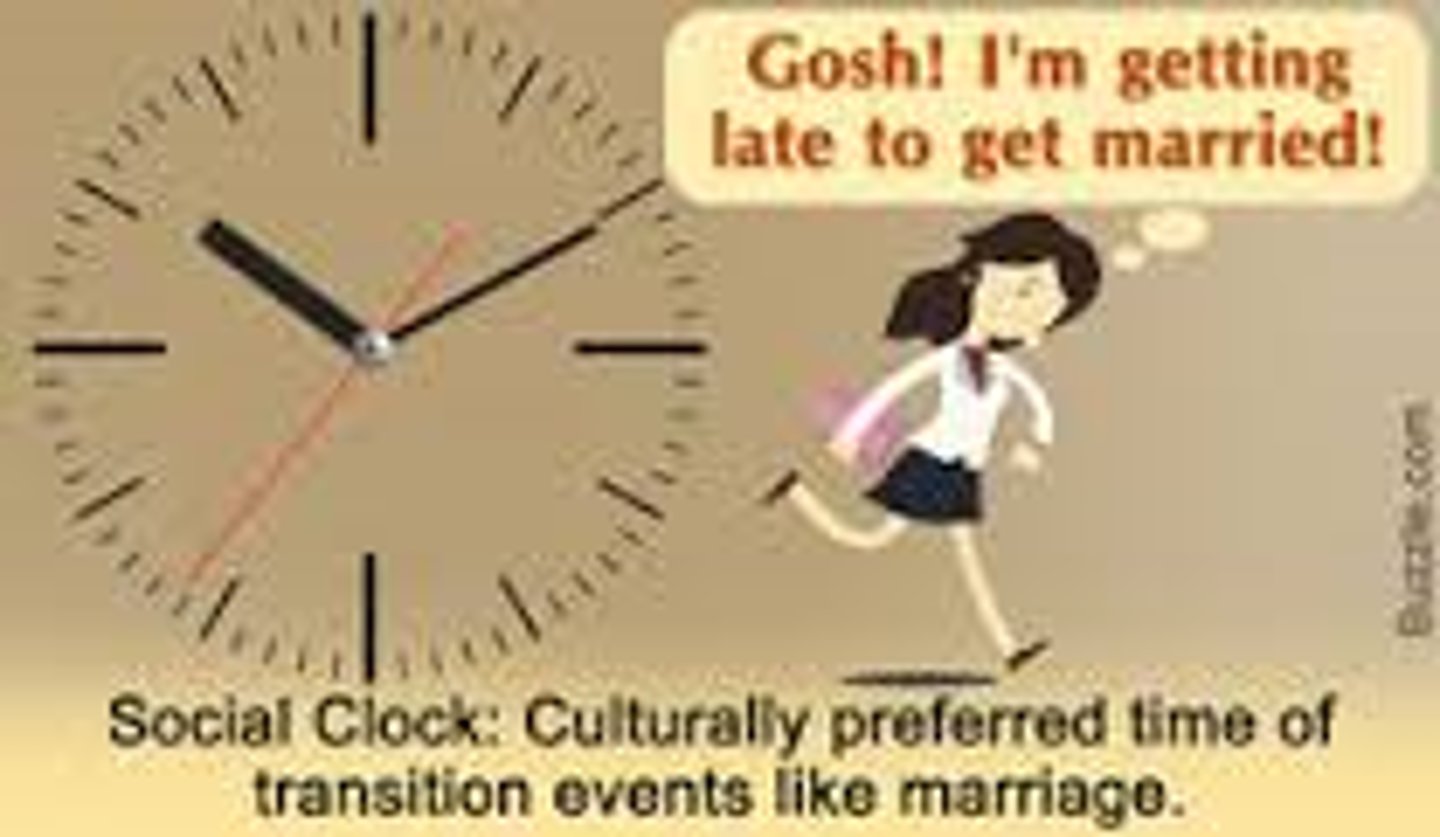 <p>the cultural timeline set by a society on what should happen at given stages of life (e.g., marriage, parenthood, and retirement)</p>