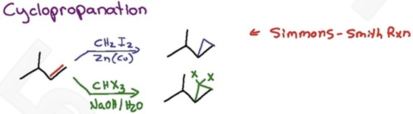 <p>Creates propane bridge</p><p>ICH2-ZnI/Et2O</p><p>maintains stereochemistry</p>