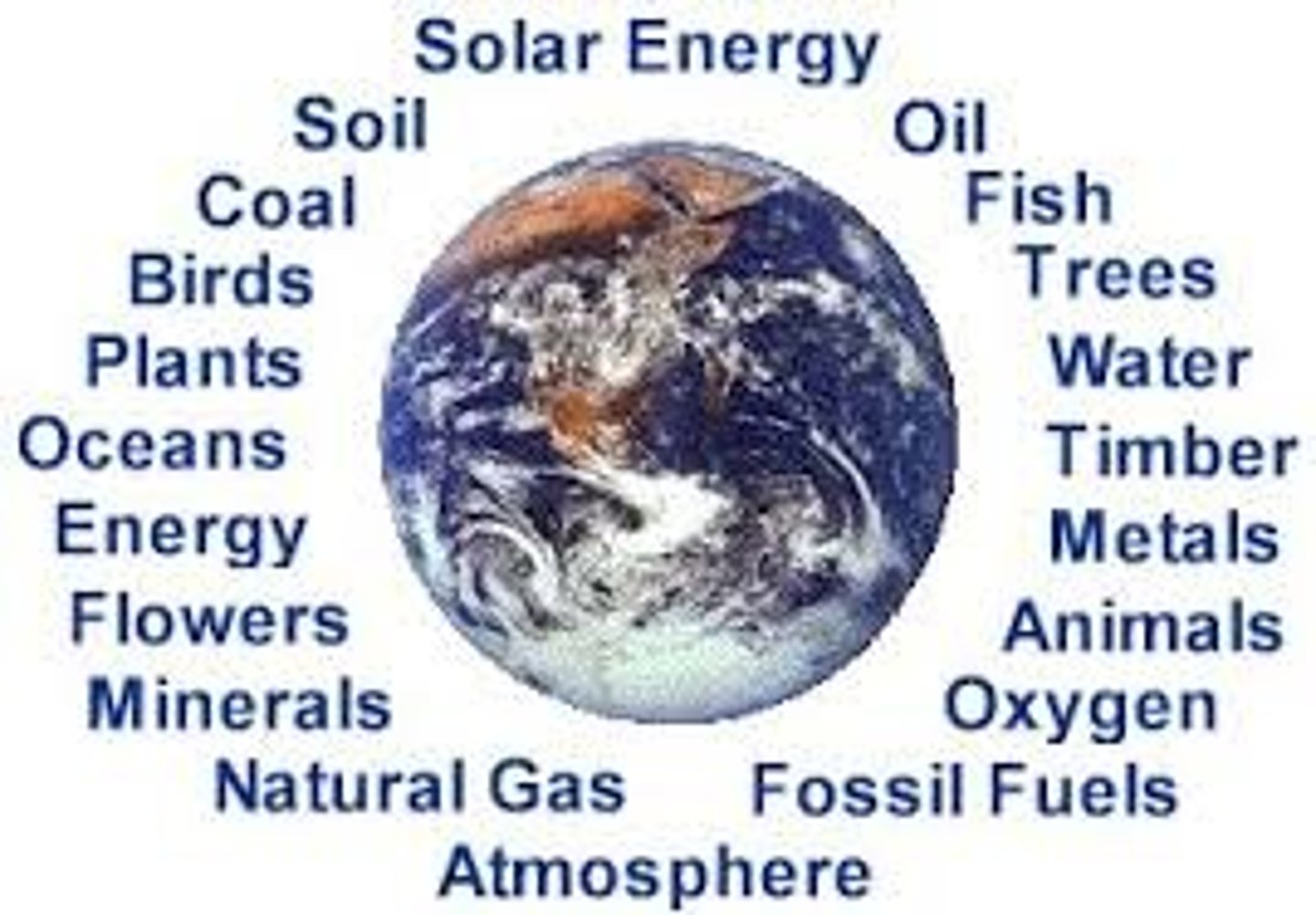 <p>items that occur in the natural environment that people can use: air, water, oil, fish, soil, and minerals</p>