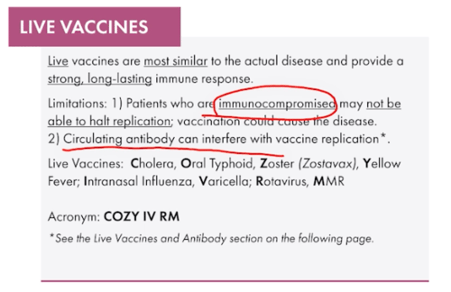 <p>COZY IV RM</p><p>Cholera</p><p>Oral Typhoid</p><p>Zoster (Zostavax)</p><p>Yellow Fever</p><p>Intranasal Influenza</p><p>Varicella</p><p>Rotavirus</p><p>MMR</p><p>Remember these are CI in immunocompromised or pregnant patients</p>