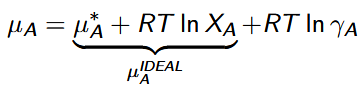 <p>quantifies the degree to which the solution is non-ideal, or it measures the extent to which the effective concentration is different from the true concentration, Xi; depends on the composition, molality, and temperature of the solution</p><p>a<sub>i</sub> = γ<sub>i</sub>X<sub>i</sub></p><p>μ = μ◦ + RT ln a</p><p>a = γm</p>