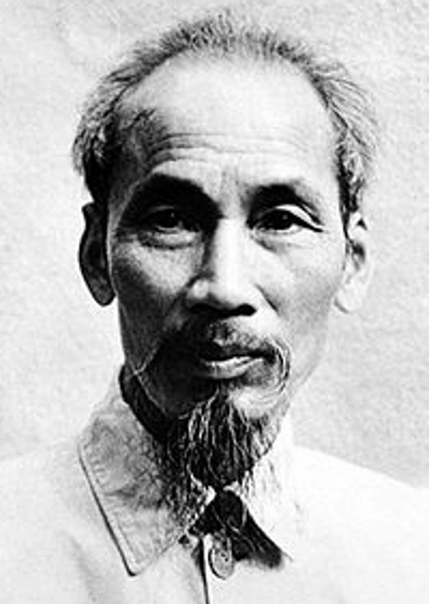 <p>Vietnamese communist revolutionary leader and freedom fighter against French colonizers and President of North Vietnam from 1945 to 1969; allied himself with the USSR and communist China to aid his country in gaining its independence from France; eventually fought US forces who started out supporting the French military but then increased their military presence as the French pulled out; the Vietnam War became one of the best known and longest fought proxy wars during the Cold War</p>