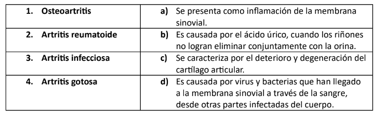 <p>7. Empareja los siguientes tipos de artritis.</p><p>A) 1b, 2d, 3a, 4c</p><p>B) 1c, 2a, 3d, 4b</p><p>C) 1a, 2c, 3b, 4d</p><p>D) 1d, 2b, 3c, 4a</p>