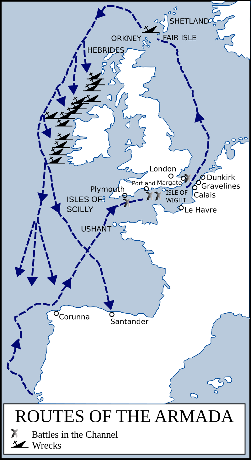 <p>Elizabeth I Tudor (politique) defeats Philip II of Spain's (Habsburg) Spanish Armada<br><br>Politique = Machiavellianism (basically)&nbsp;</p>