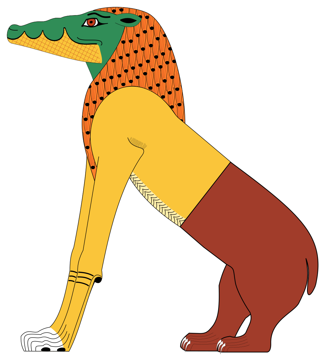 <p>Part lion/hippopotamus/crocodile because they were biggest man-eating animals;&nbsp;“devourer of dead”;&nbsp;“eater of hearts”; believed to represent the same as the lake of fire: destruction; may be related to Sekhmet</p>
