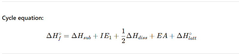 <p><strong>Overview:</strong></p><ul><li><p>The Born–Haber cycle is an <strong>enthalpy cycle</strong> used to calculate or analyse lattice enthalpy by breaking ionic compound formation into separate steps, all of which can be measured or estimated.</p></li><li><p>It links <strong>atomic processes</strong>, <strong>electron transfer</strong>, and <strong>lattice formation</strong> to the overall <strong>enthalpy of formation (ΔHf°)</strong>.</p></li></ul><div data-type="horizontalRule"><hr></div><p><strong>Example:</strong> Sodium chloride (NaCl) formation from Na(s) and Cl₂(g).</p><p><strong>Step-by-step process:</strong></p><ol><li><p><strong>Sublimation of the metal (ΔHsub)</strong></p><ul><li><p>Converts solid Na(s) → Na(g).</p></li><li><p>Endothermic (requires energy to overcome metallic bonding).</p></li></ul></li><li><p><strong>Ionisation of the metal (Ionisation energy, IE₁)</strong></p><ul><li><p>Na(g) → Na⁺(g) + e⁻.</p></li><li><p>Endothermic (energy required to remove an electron from gaseous atom).</p></li></ul></li><li><p><strong>Dissociation of the non-metal molecule (½ bond enthalpy, ΔHdiss)</strong></p><ul><li><p>½ Cl₂(g) → Cl(g).</p></li><li><p>Endothermic (energy required to break covalent Cl–Cl bond).</p></li></ul></li><li><p><strong>Electron affinity of the non-metal (EA)</strong></p><ul><li><p>Cl(g) + e⁻ → Cl⁻(g).</p></li><li><p>Exothermic (energy released when a gaseous atom gains an electron).</p></li></ul></li><li><p><strong>Formation of the ionic lattice (Lattice enthalpy, ΔHlatt°)</strong></p><ul><li><p>Na⁺(g) + Cl⁻(g) → NaCl(s).</p></li><li><p>Strongly exothermic (large energy release due to strong electrostatic attractions).</p></li></ul></li></ol><div data-type="horizontalRule"><hr></div><p><strong>Cycle equation:</strong></p><p></p><div data-type="horizontalRule"><hr></div><p><strong>Key points for ionic bonding:</strong></p><ul><li><p><strong>Lattice enthalpy</strong> is the biggest single contributor to the stability of an ionic compound — large negative value makes the compound energetically favourable.</p></li><li><p>High lattice enthalpy → higher melting point, lower solubility in water (unless hydration enthalpy is larger).</p></li><li><p>Comparing lattice enthalpies via Born–Haber cycles explains:</p><ul><li><p>Trends in melting points.</p></li><li><p>Stability of ionic solids.</p></li><li><p>Differences between compounds with similar ions but different charges/sizes.</p></li></ul></li></ul><p></p>