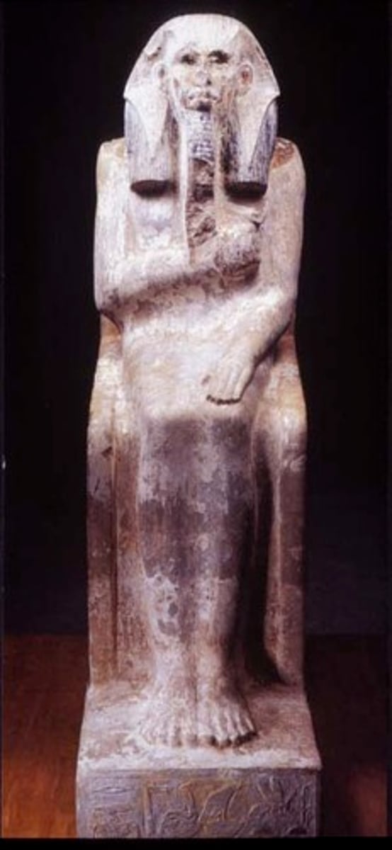 <p>a distinctive striped head cloth worn by pharaohs in ancient Egypt as a symbol of royal authority and divine status</p>