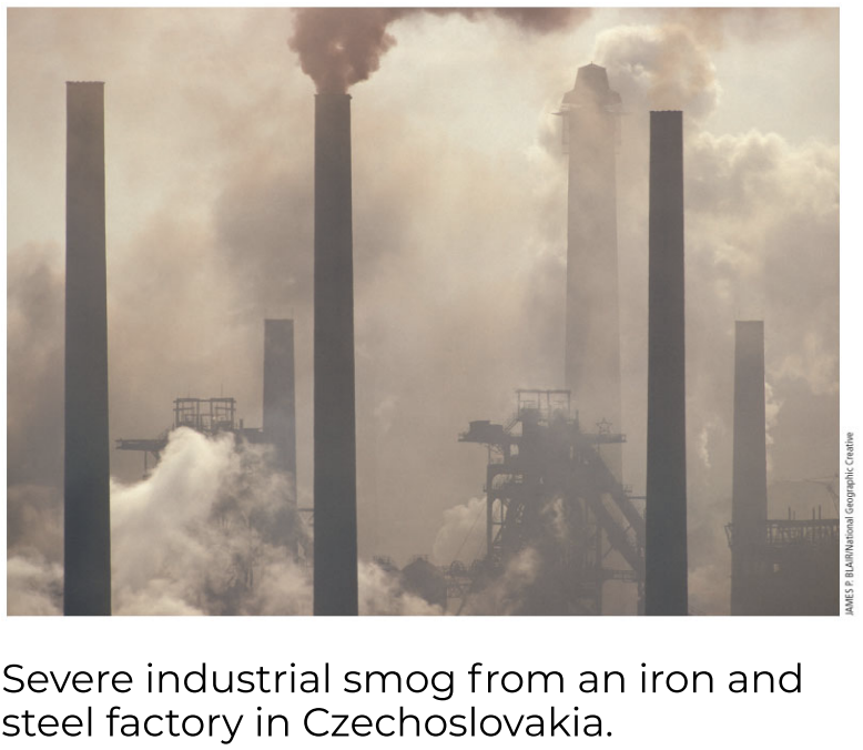 <p>Industrial smog is a type of air pollution consisting mostly of a mixture of sulfur dioxide, suspended droplets of sulfuric acid formed from some of the sulfur dioxide, and suspended solid particles.</p>