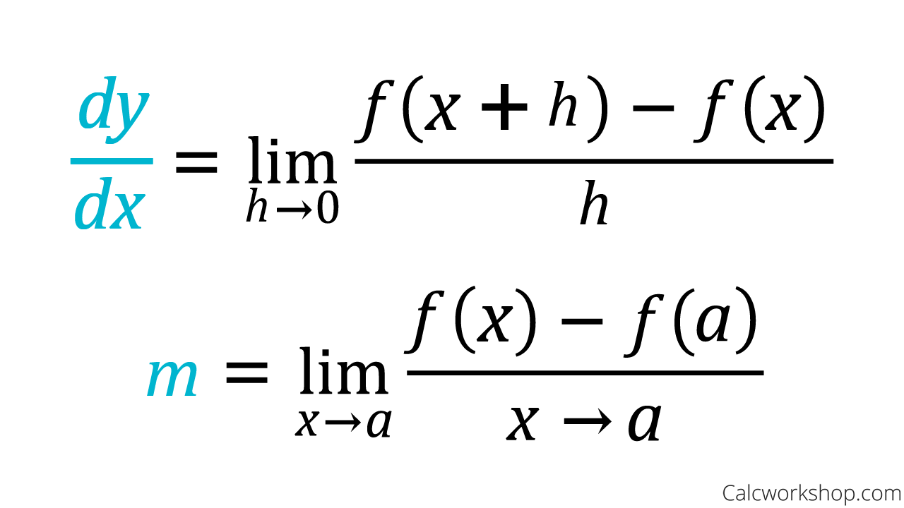 <p>f’(x) = limh→0 (f(x+h) - f(x))/h </p><p></p><p>f’(a) = limh→0 (f(a+h) - f(a))/h </p>