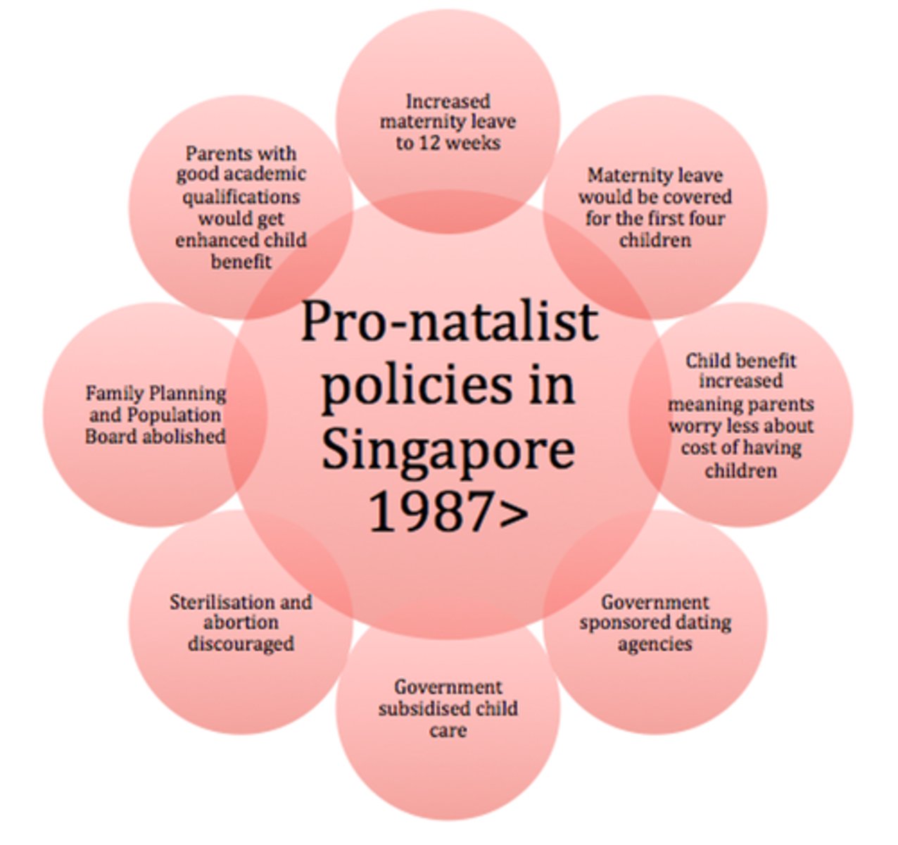 <p>A government policy that encourages more births in the population to increase the fertility rate. For example, countries will provide paid time off from jobs held by mothers, free childcare, and family discounts on services like healthcare and education. Other countries like Denmark, Singapore, Russia, and Italy have advertising campaigns to encourage families to have more children and express family and national pride.</p>