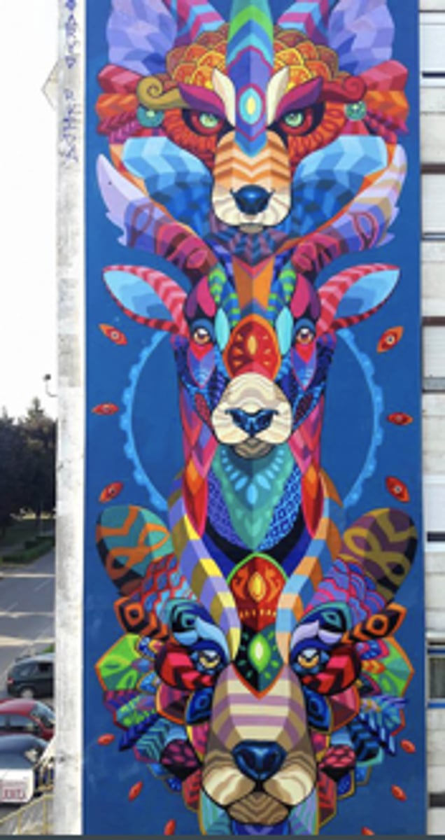 <p>a) Mexico<br>b) Uses bright, kaleidoscopic palette and animal imagery that can be read as totemic, makes reference to heritage and environment, nature and the urban<br>c) Figures, animals and narrative have long history dating to Mesoamerican monumental buildings</p>
