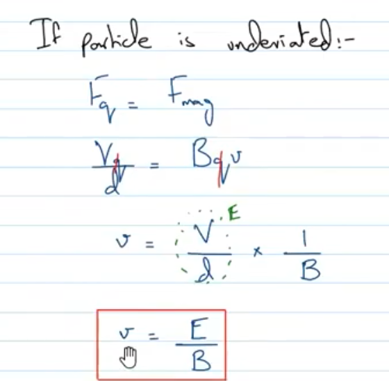 <p>that “selected” velocity will equal to the ratio of electric field over magnetic field AND MagneticF=ElectricF</p>