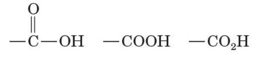 <ul><li><p>functional group of a carboxylic acid </p></li><li><p>can be represented in 3 ways</p></li></ul><p></p>