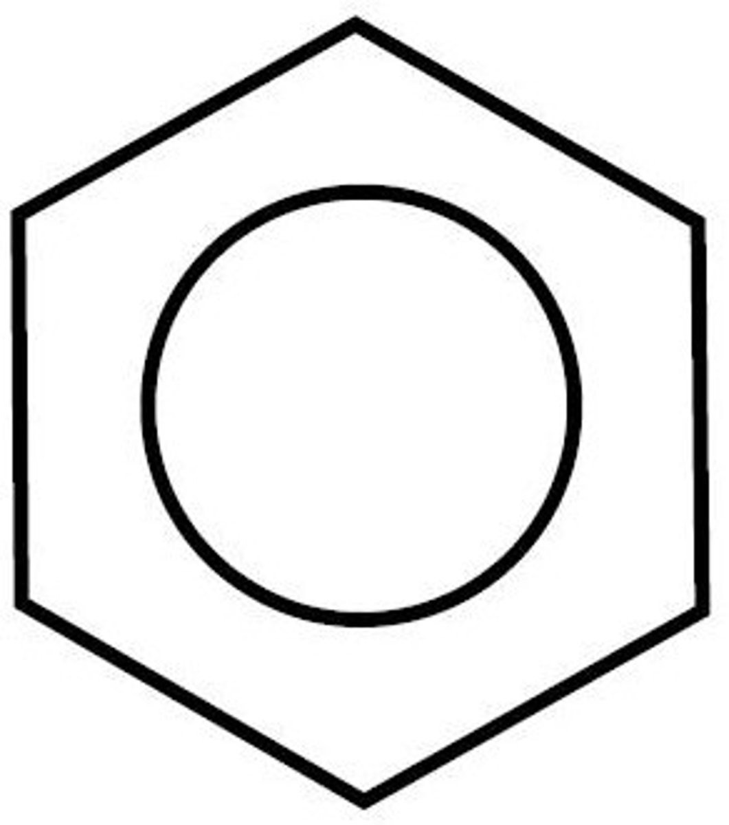 <p>Benzene consists of a ring of 6 carbon molecules. Each of these carbon molecules are bonded to each other by single bonds. This leaves free electrons in p-orbitals. The p-orbitals overlap, creating pi-bonds and a region of electron density both above and below the carbon ring.</p>