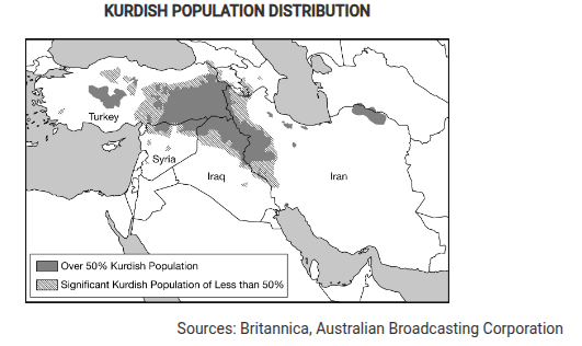 <p>Based on the information in the map, what is the most likely outcome of the possible establishment of an independent Kurdistan for the Kurdish people?</p>