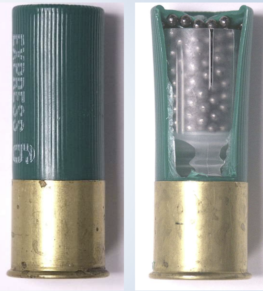 <p>Made of: shotshell, shot, wadding</p><ul><li><p><span>Shotshell: can be made of plastic, paper, or metal</span></p></li><li><p><span>Shot: typically lead or steel</span></p></li><li><p><span>Wadding: plastic cup that holds the shot</span></p><ul><li><p><span>Single projectile = slug</span></p></li></ul></li></ul><p></p>