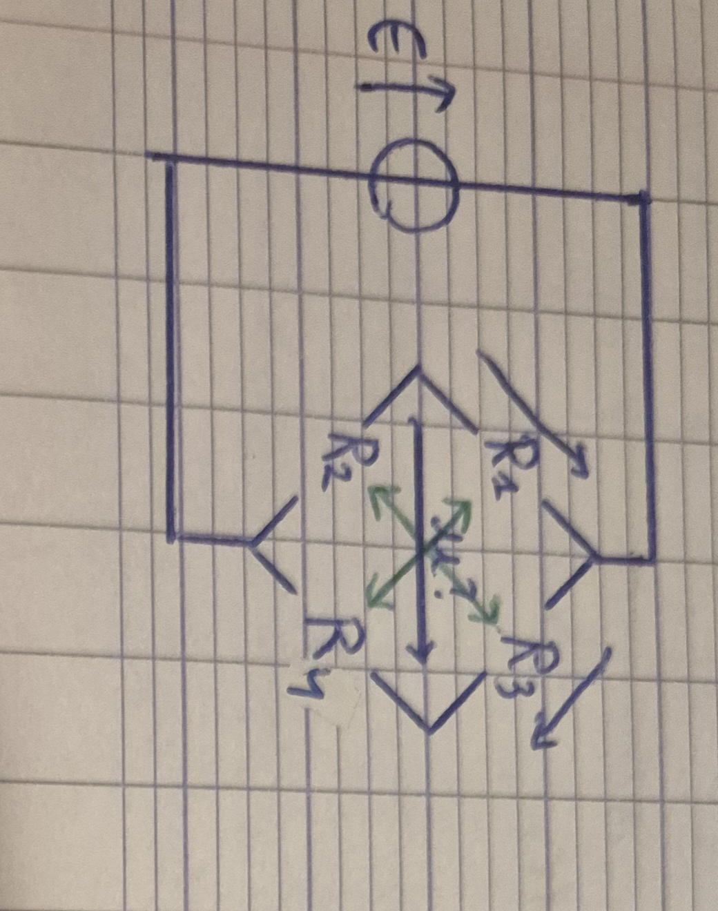 <p>u=u1+u3</p><p class="has-focus">u=R1/(R1+R2) E -R3/(R3 +R4) E</p><p class="has-focus">Pont à l'équilibre si u=0</p><p class="has-focus">Formule en croix </p><p class="has-focus">R1R4=R2R3</p>