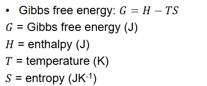 <ul><li><p>System will always strive to have a minimal value for G at fixed T and p</p></li><li><p>Gibbs free energy is minimized when enthalpy is minimized and entropy is maximized. </p></li></ul><p></p>