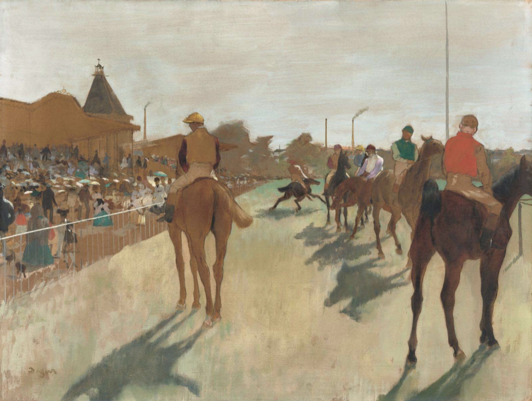 <p>Racehorses in Front of the Grandstand, Edgar Degas 1866-68</p>