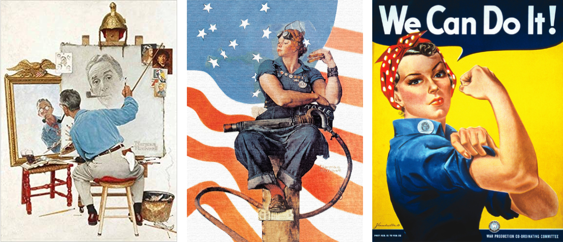 <ul><li><p><span>famous for his illustrations of everyday life, capturing the spirit of small-town America, and patriotic depictions during World War II.</span></p></li><li><p><span>most works were created as cover illustrations for The Saturday Evening Post magazine.</span></p></li><li><p><em>Triple Self-portrait; </em></p></li><li><p><em>Rosie the Riveter</em></p></li></ul><p></p>