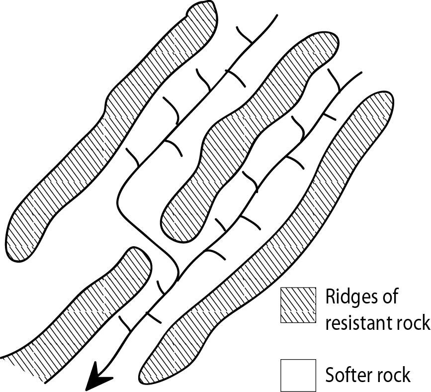 <p>If the rocks are not homogeneous and are made of an alternate layer of hard and soft rocks. So the streams join the main river by eroding the soft rocks at a right angle</p>