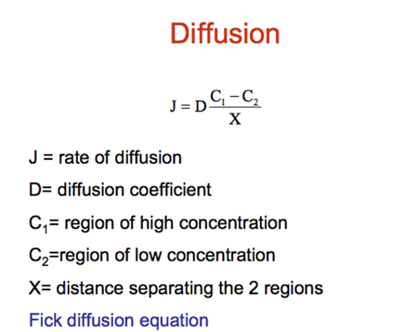 <p>Fick's law of diffusion</p><p>= rate of transfer is proportional to concentration gradient</p>