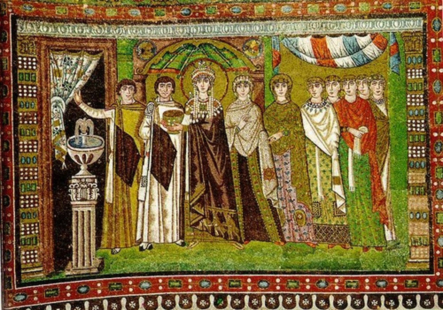 <p>A mosaic in San Vitale depicting Empress Theodora with her attendants, showing her influence and power within the Byzantine court.</p>