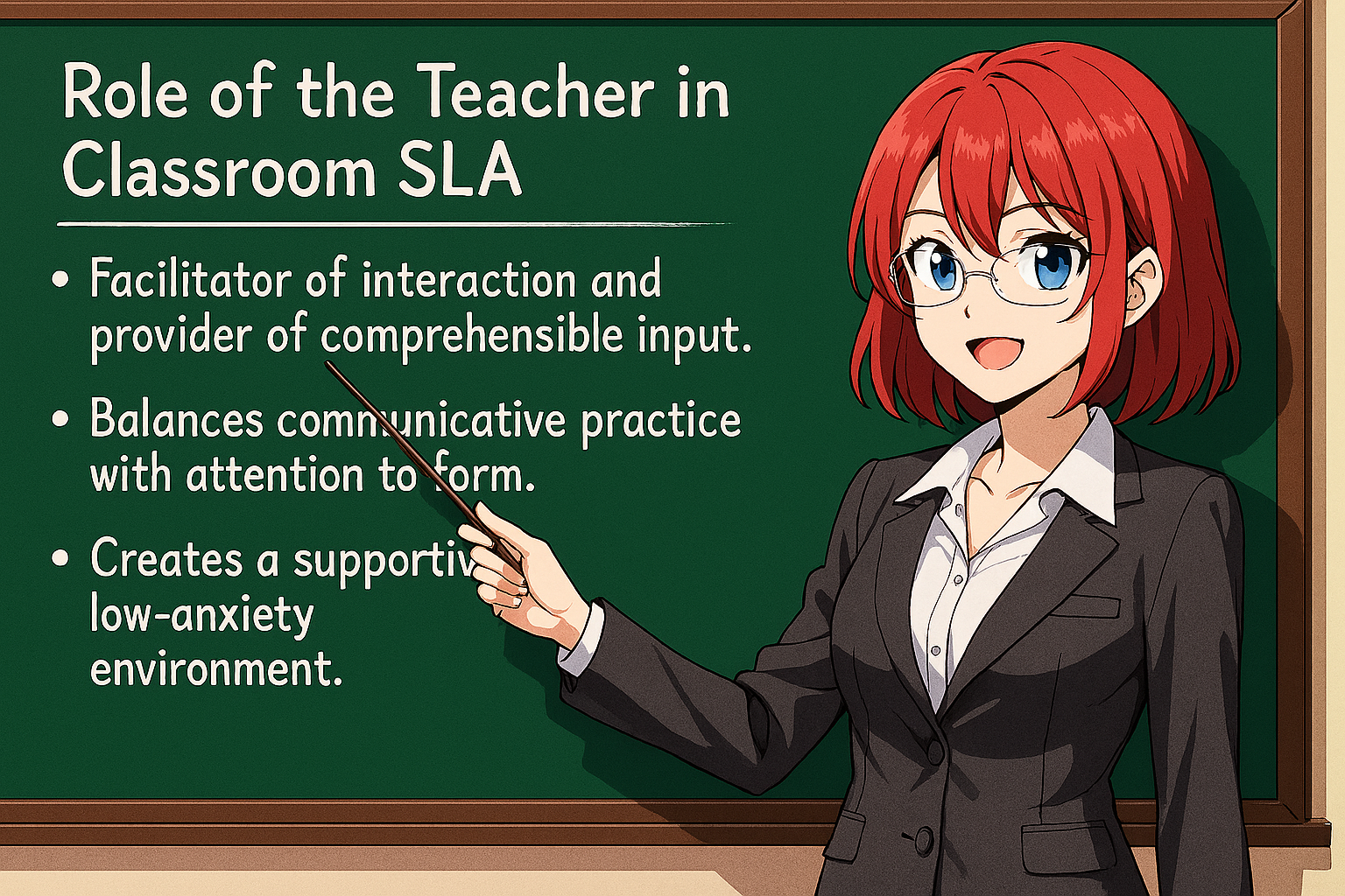 <ul><li><p>Facilitator of interaction and provider of comprehensible input.</p></li><li><p>Balances communicative practice with attention to form.</p></li><li><p>Creates a supportive, low‑anxiety environment.</p></li></ul><p></p>